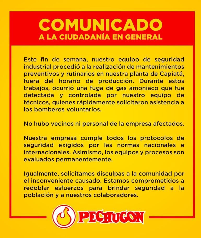 Comunicado de Pechugón tras la fuga de amoníaco en su planta.