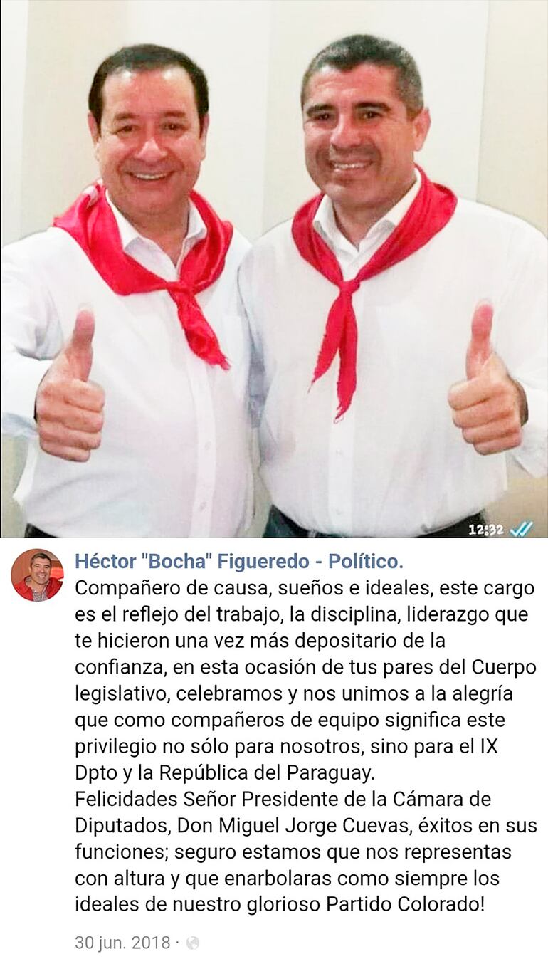 Publicación de “Bocha” Figueredo (izq) felicitando en 2018 a Miguel Cuevas por la presidencia de Diputados.