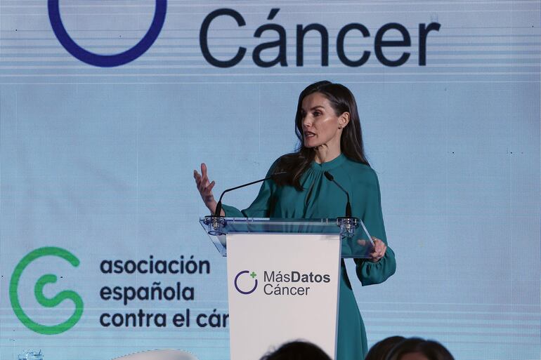 La reina Letizia durante su intervención en el acto institucional del Día Mundial contra el Cáncer.