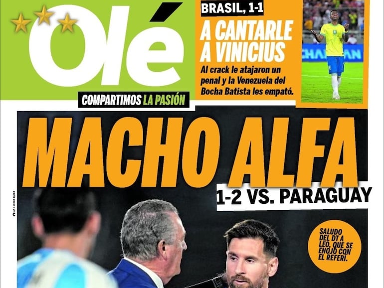 Las portadas de los medios argentinos después de la victoria 2-1 de Paraguay sobre Argentina por las Eliminatorias Sudamericanas 2026.