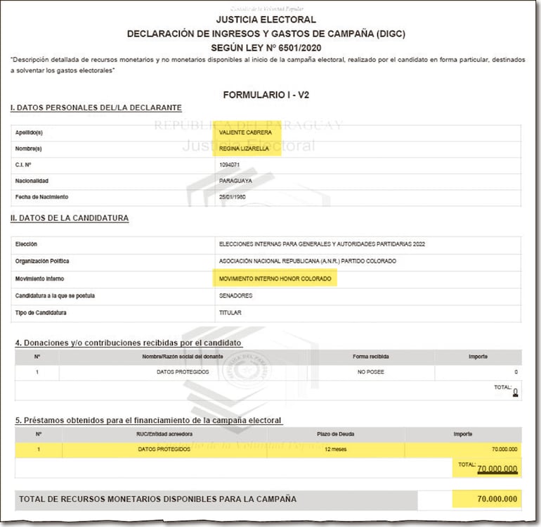 Declaración de ingresos y gastos de campaña presentada por la senadora cartista antes de las internas de la ANR.