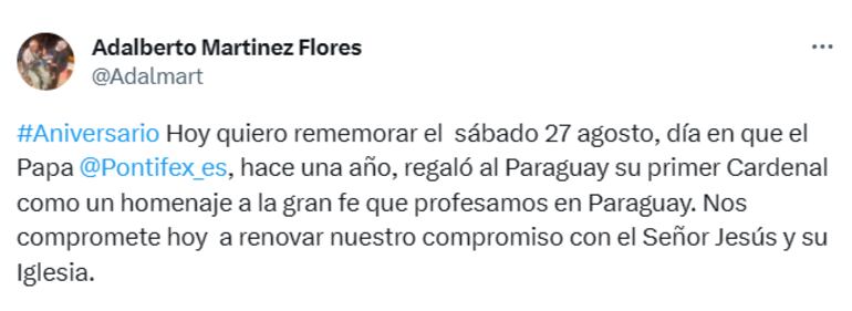 Escrito en redes sociales del cardenal Adalberto Martínez.