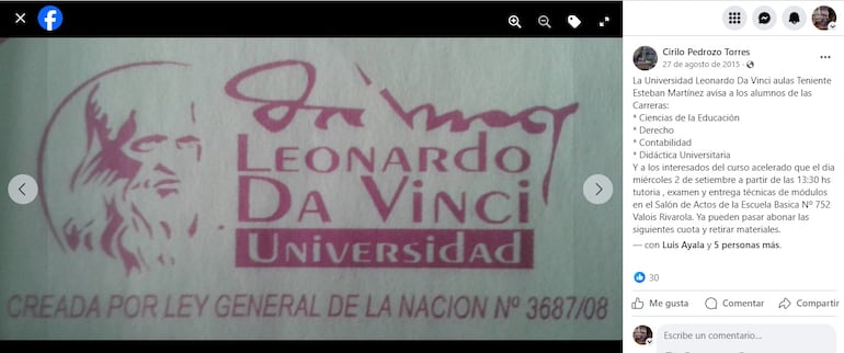 Posteo de Cirilo Pedrozo sobre la coordinadora de la carrera de la Universidad Leonardo Da Vinci, Noelia Portillo. 