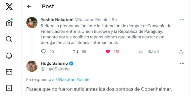 Tuit de la embajadora de Japón Yoshie Nakatani acerca del rechazo en diputados al convenio de financiación entre la Unión Europea (UE) y Paraguay. Debajo, un hombre profiere una amenaza racista.