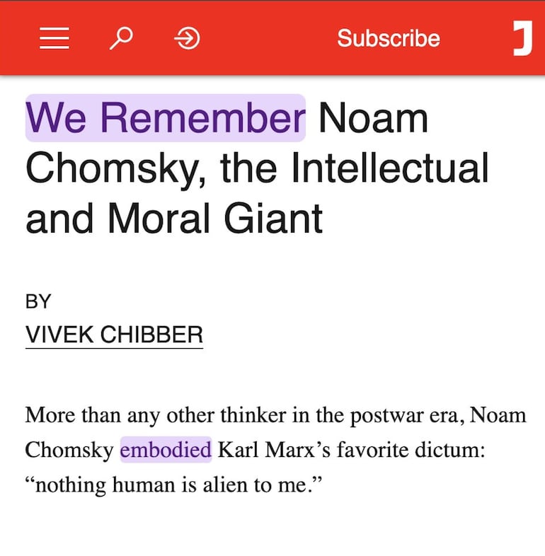 La revista estadounidense Jacobin publicó el martes 18 de junio el obituario “Recordamos a Noam Chomsky, el gigante intelectual y moral”.
