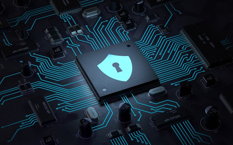 icono de tarjeta de circuitos y escudo, seguridad de hardware, protección de datos informáticos y concepto de tecnología electrónica