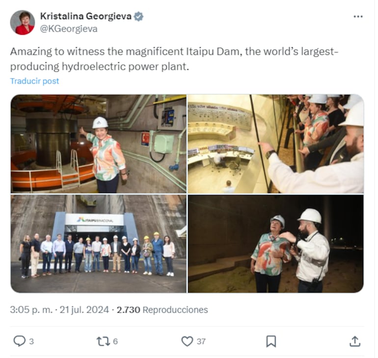 Posteo de la directora gerente del FMI, Kristalina Georgieva, durante su visita a la Central Hidroeléctrica Itaipú.