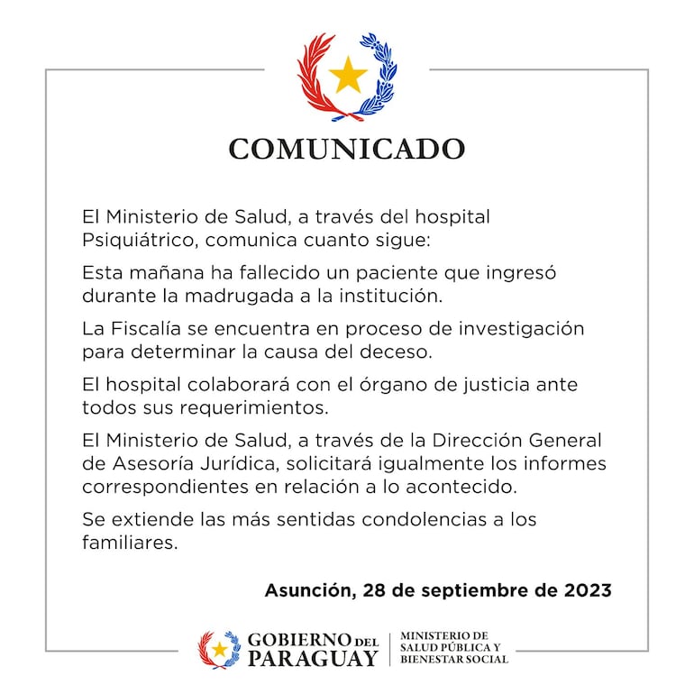 Comunicado del Hospital Psiquiátrico sobre la muerte de un paiente.