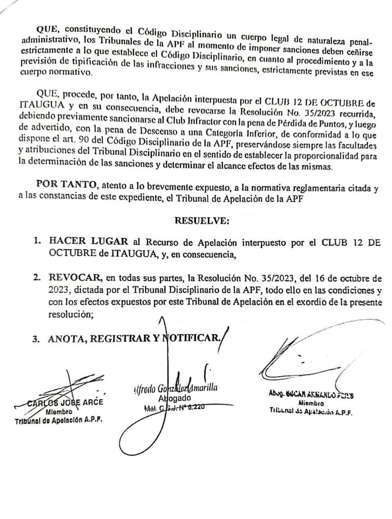 Resolución del Tribunal de Apelación.