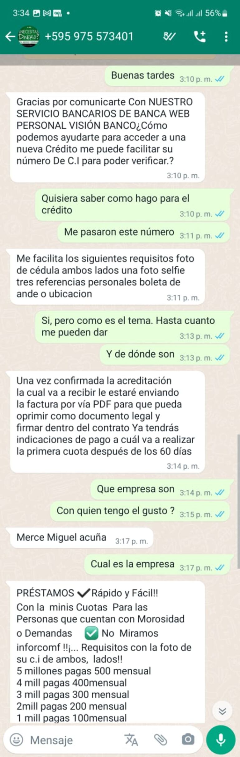 Captura de pantalla de la conversación con los estafadores.