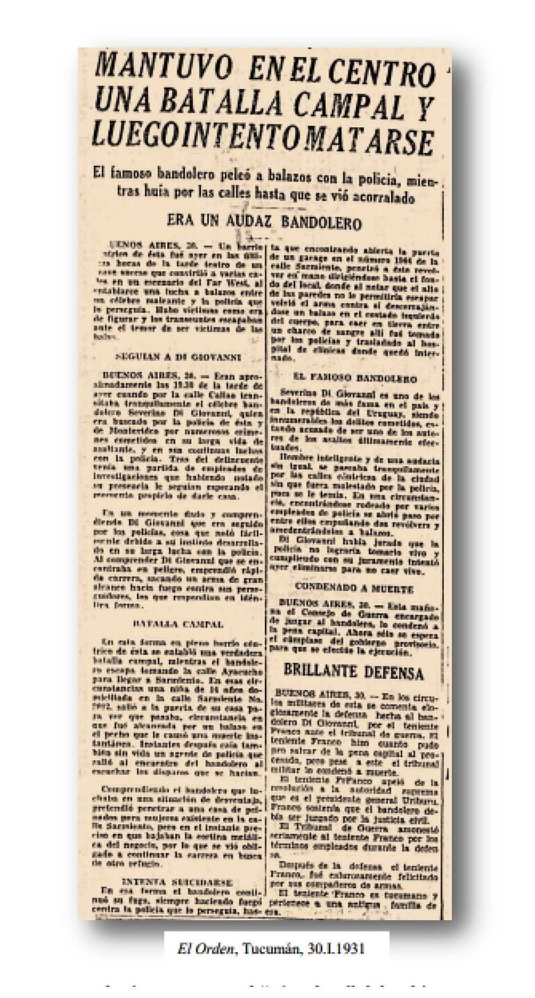 "El Orden", 30 de enero de 1931 (Fuente: Verónica Estévez, "El tucumano Franco, defensor del anarquista Di Giovanni". Tucumán, Centro Cultural Alberto Rougés, 2014)