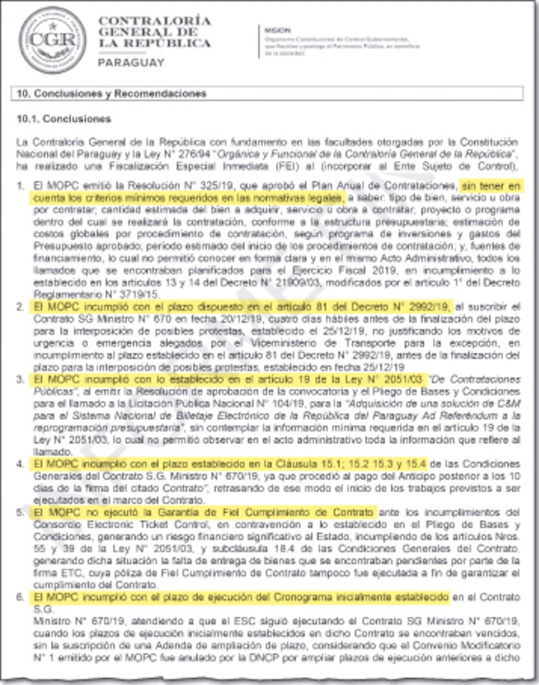 Parte del informe de la Contraloría realizada a la  licitación pública del billetaje electrónico, cuyas fallas detectadas se traducen en reguladas y sufrimiento de pasajeros.