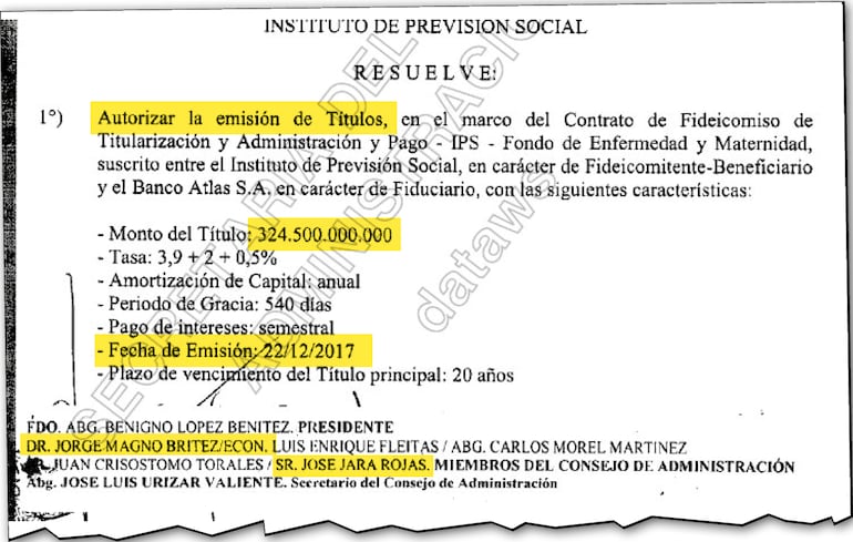 La resolución del Consejo del IPS en la cual se aprobaba emitir el primer título de crédito.