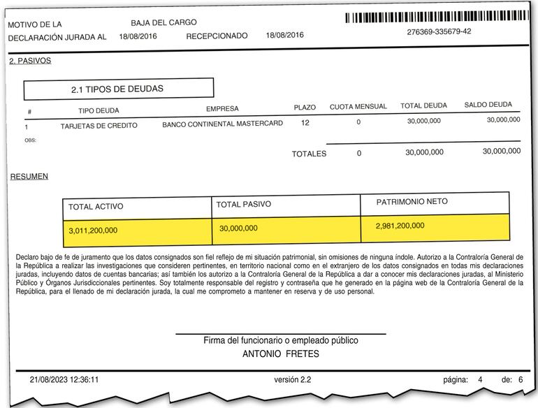 El exministro de la Corte dijo en 2016 que su patrimonio neto era mucho menor al aporte que ya realizó en Tebicuary Campos.