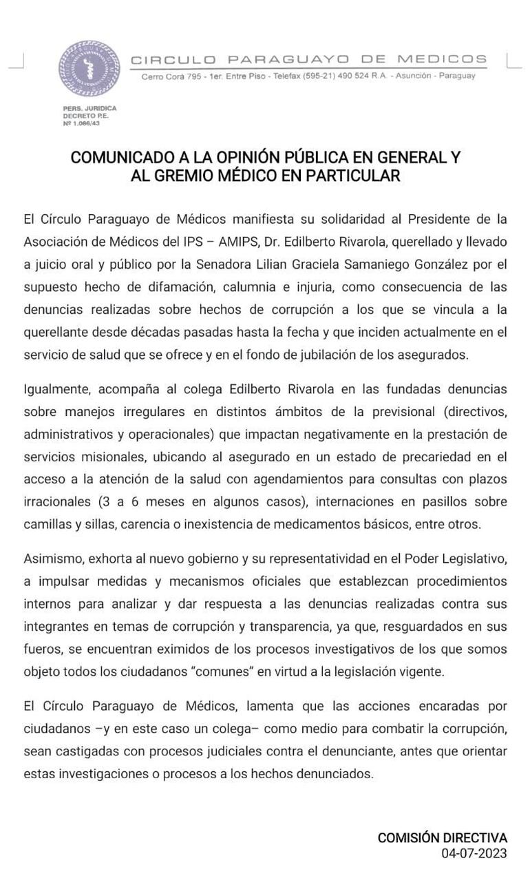 El comunicado del Círculo de Médicos del Paraguay.