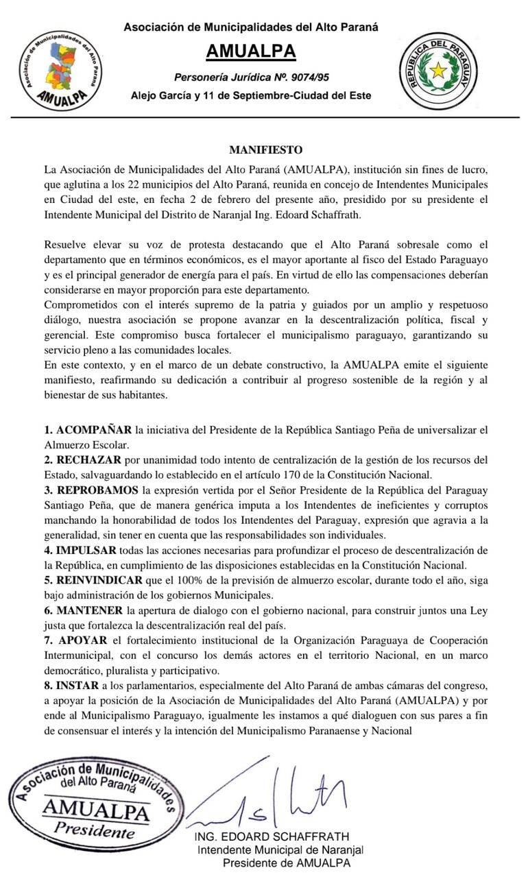 El comunicado emitido por la Asociación de Municipalidades de Alto Paraná.