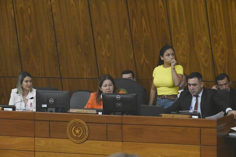 La ministra de Trabajo, Mónica Recalde, durante su participación en la audiencia ante la Comisión Bicameral de Presupuesto del Congreso.