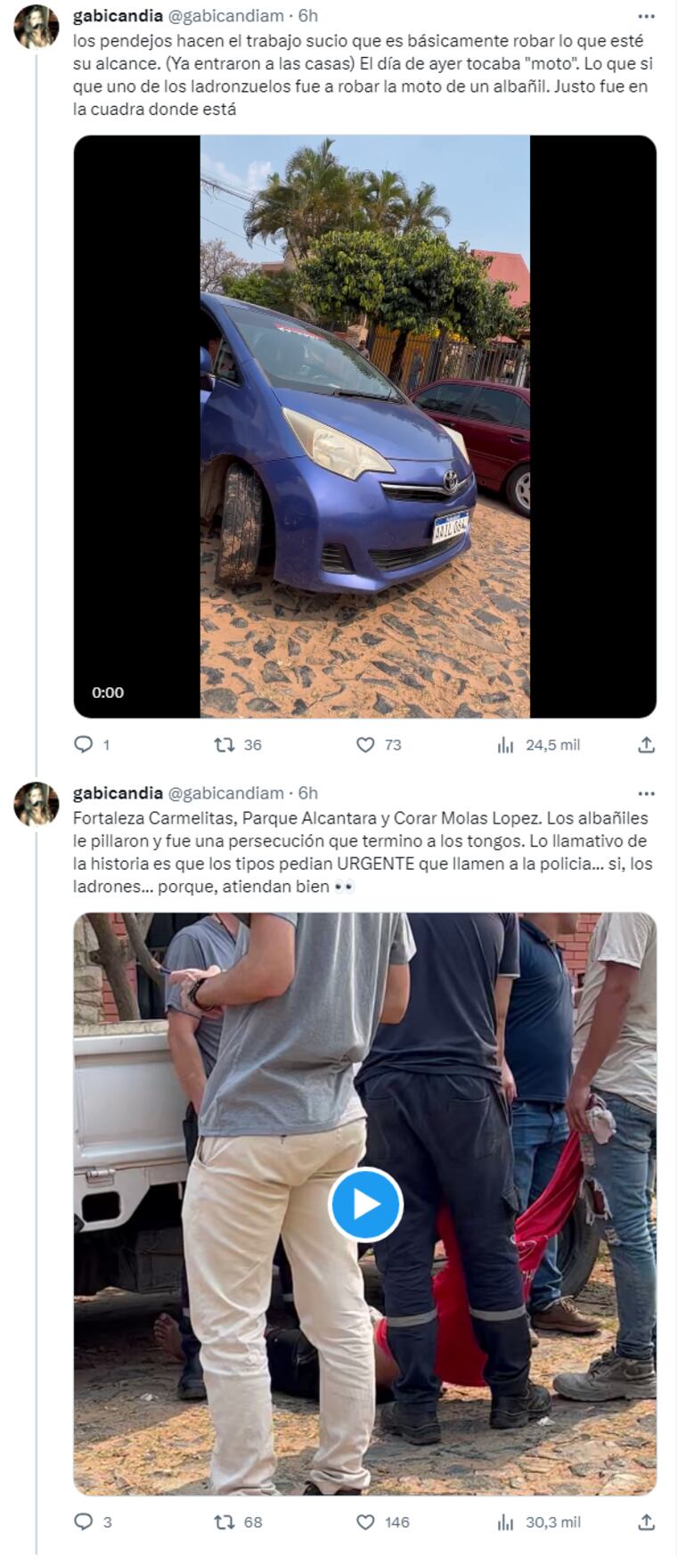 Captura del tweet gabicandia quien denunció supuesta inacción y complicidad de policías con aprehendidos tras inetnto de robo frustrado a albañiles en el barrio Carmelitas de Asunción.