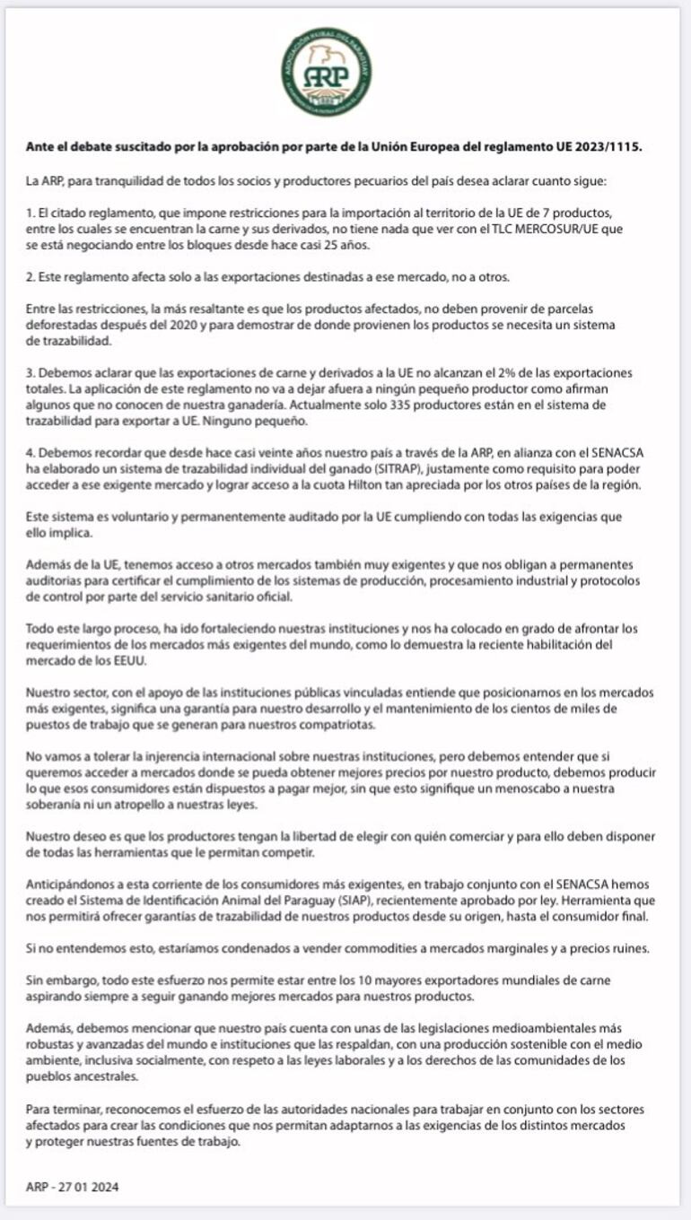 Comunicado de la Asociación Rural del Paraguay (ARP) sobre el acuerdo con la Unión Europea. (Fuente X).