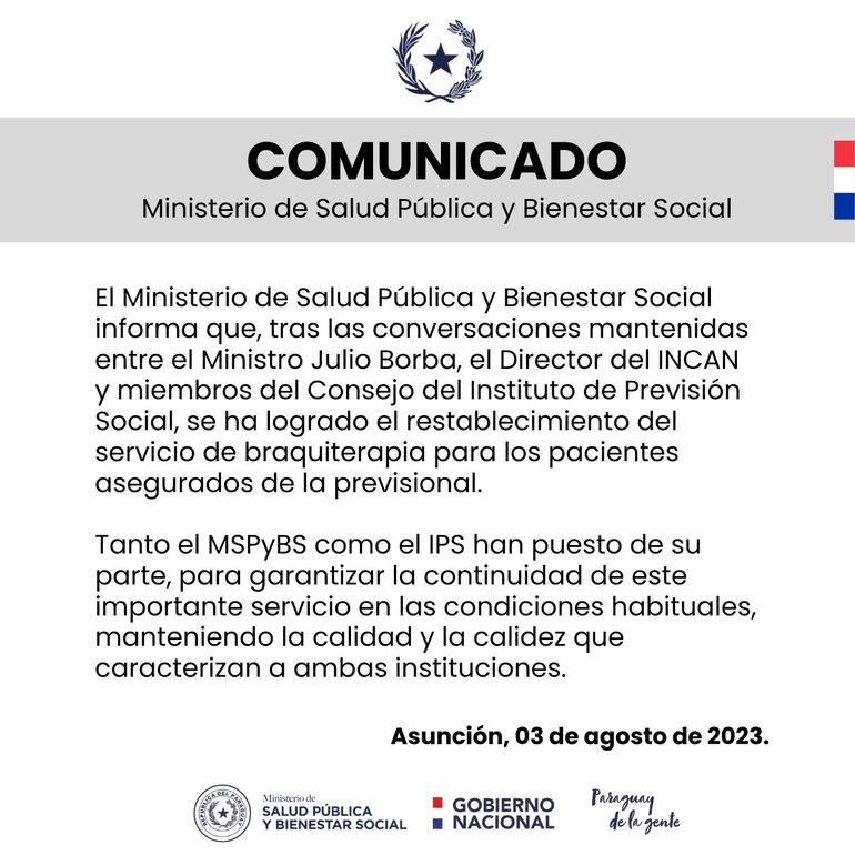 Comunicado del Ministerio de Salud sobre la reposición del servicio de braquiterapia para asegurados del IPS, en el Incan.