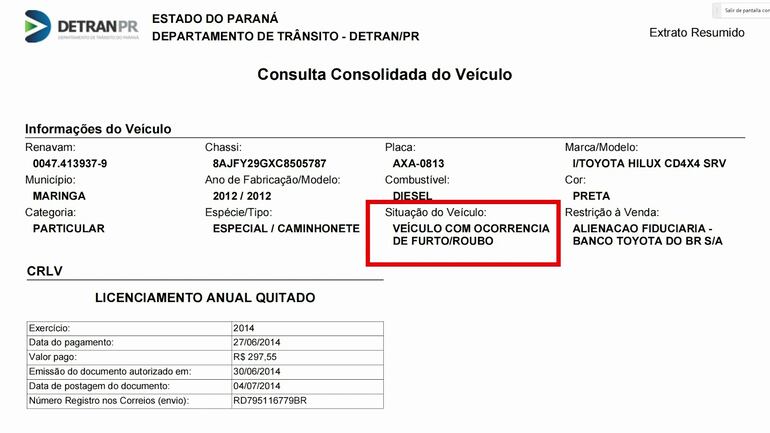 Documento del Departamento de Tránsito del Estado de Paraná en donde la camioneta figura como robada.