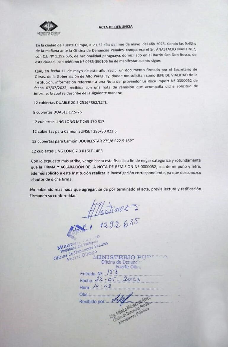 Denuncia presentada ante la Fiscalía, por Anastacio Martínez, jefe de vialidad de la Gobernación, desmintiendo haber recibido las 68 cubiertas.