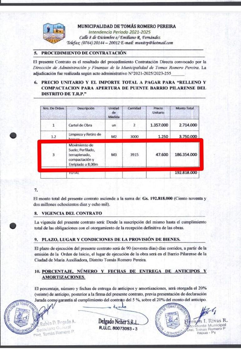 Uno de los pagos hechos a la empresa Delgado Naher por los trabajos que se hicieron con maquinarias del MOPC y de la comuna.