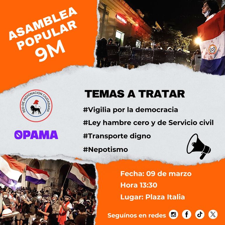 Opama convoca a asamblea popular para mañana, sábado, en la Plaza Italia de Asunción.