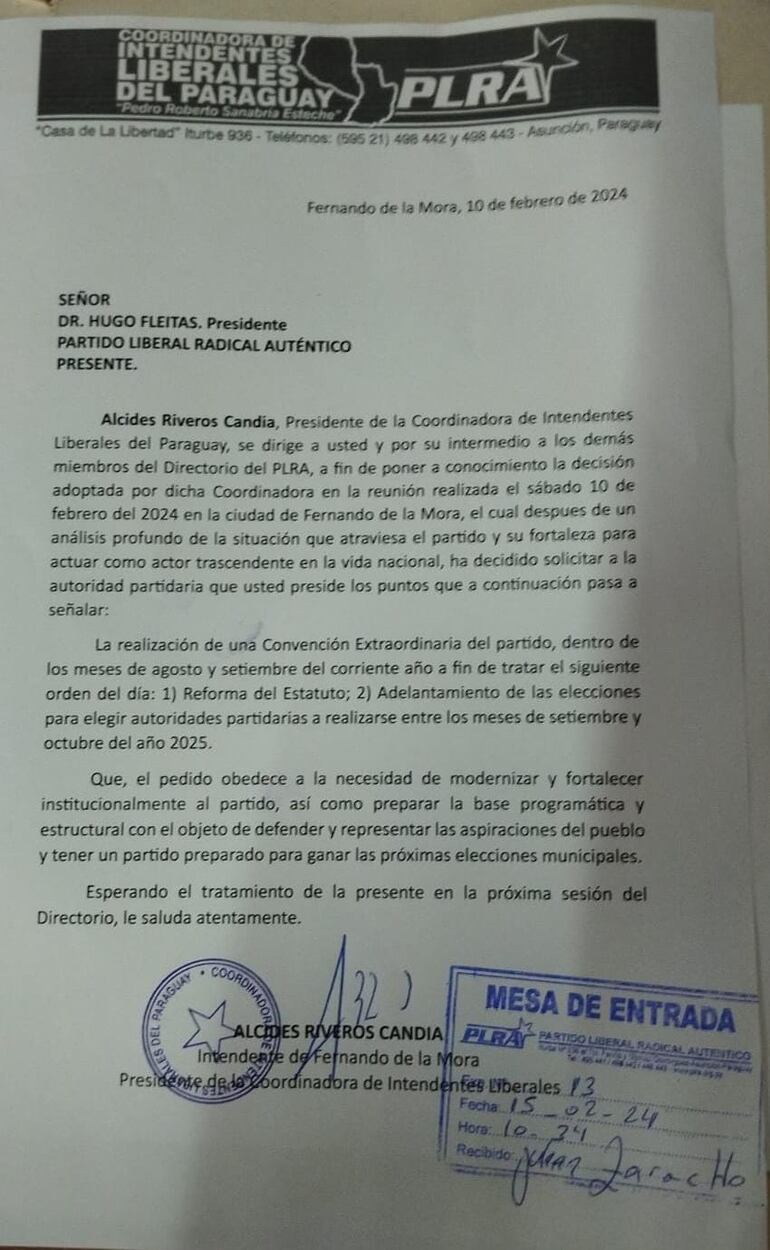 Nota presentada por la Coordinadora de Intendentes Liberales del Paraguay.