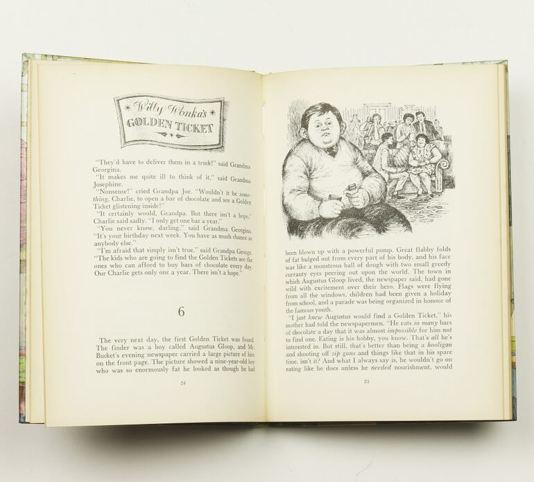 Páginas interiores de la edición británica de 1967 de "Charlie and the Chocolate Factory", de Roald Dahl, ilustradas por Faith Jaques