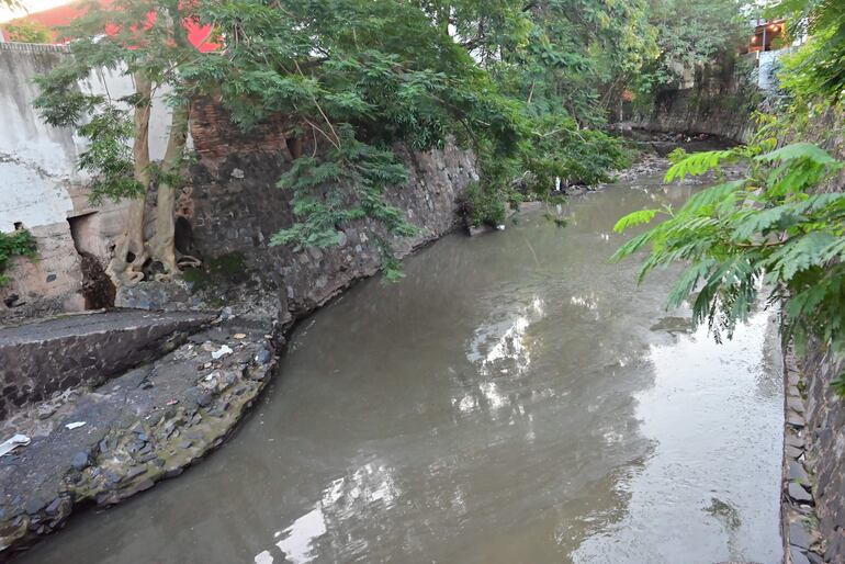 El arroyo Mburicao, en el cual desembocan las cloacas de Essap, circula de color verde oscuro y con un nauseabundo olor.