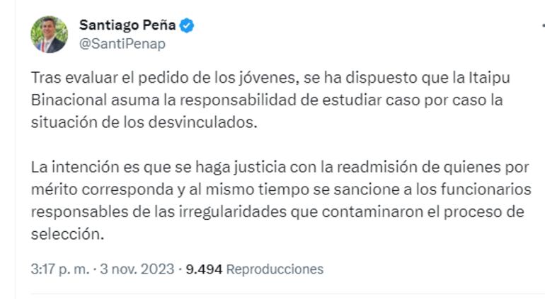 Tuit del Presidente de la República, Santiago Peña anunciando que estudiarán caso por caso, la situación de los desvinculados de Itaipú.