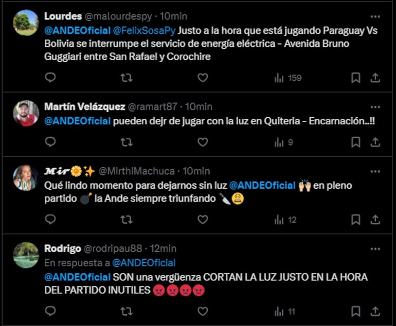 Tweet contra la ANDE por corte de luz durante el partido.