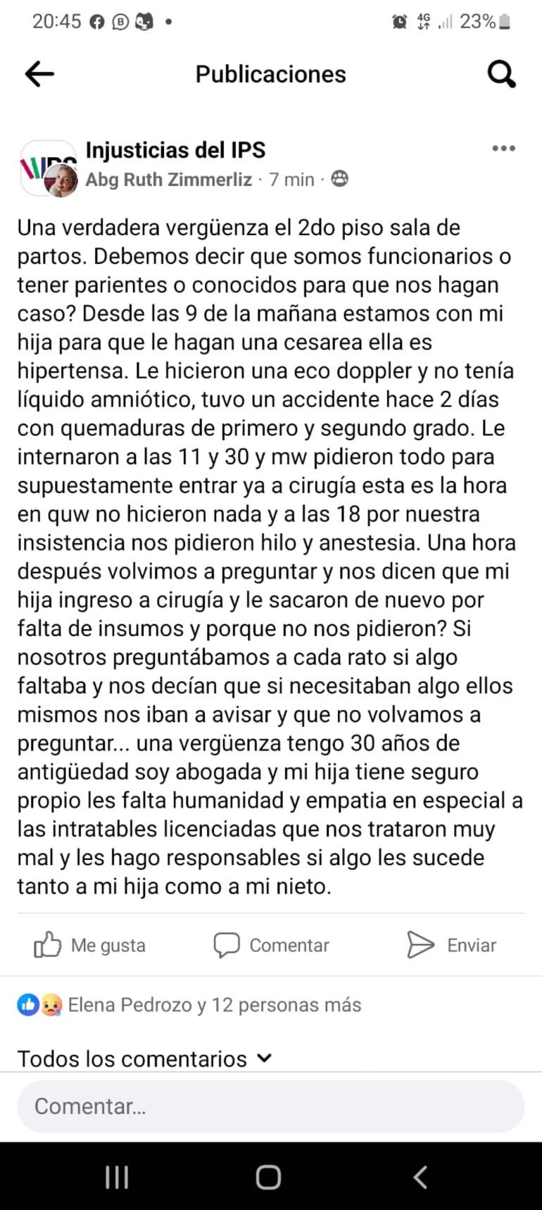 Posteo realizado por la abuela del bebé en redes sociales. Su hija estaba esperando una cirugía de urgencia desde las 11:30.