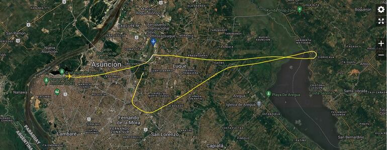 En amarillo resalta el trayecto que hizo el helicóptero de la FAP el 15 d agosto del 2024.