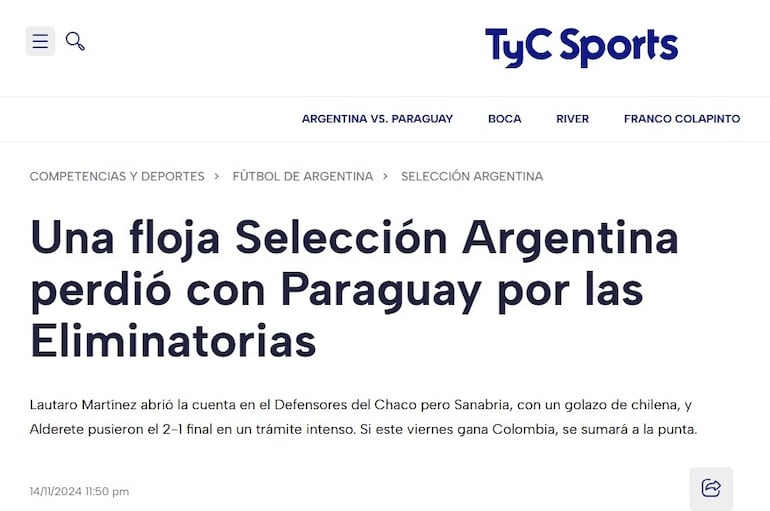 Las portadas de los medios argentinos después de la victoria 2-1 de Paraguay sobre Argentina por las Eliminatorias Sudamericanas 2026.