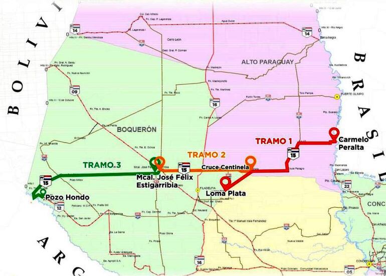 Trazado de la ruta Bioceánica en todos sus tramos desde Carmelo Peralta hasta Mariscal Estigarribia. Gentileza