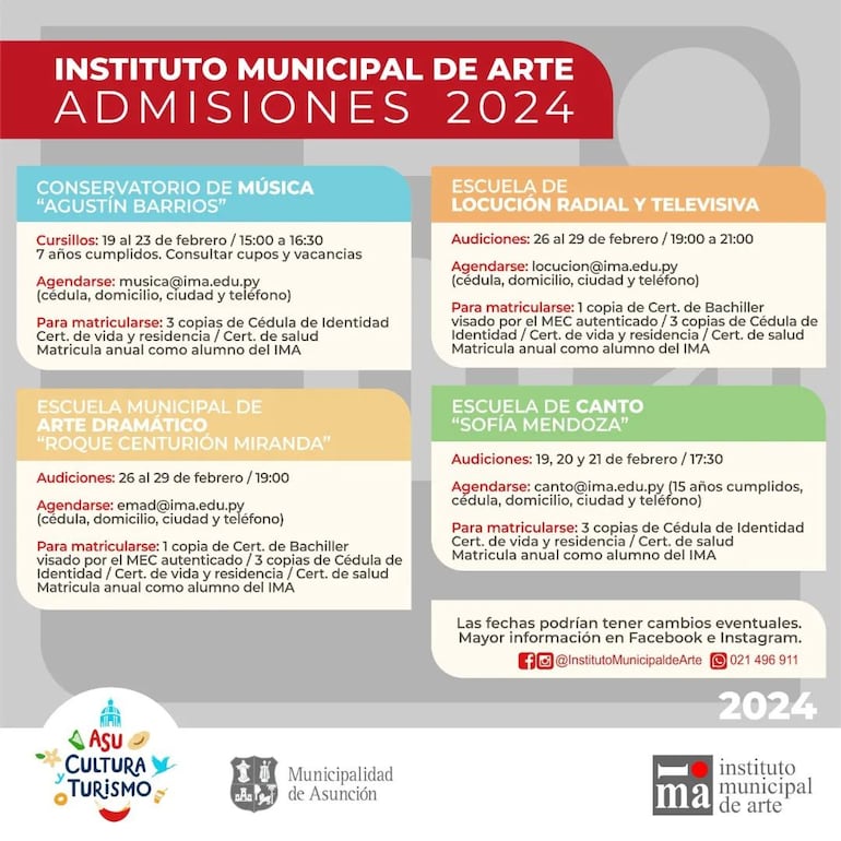 Instituto Municipal Arte Asunción admisiones 2024