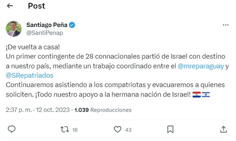 Posteo de Santiago Peña, anunciando repatriación de 28 paraguayos desde Israel.