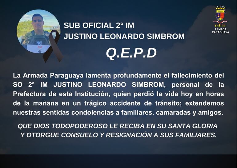 Comunicado publicado por la Armada Paraguaya por la muerte de Leonardo Simbrom en un accidente de tránsito.