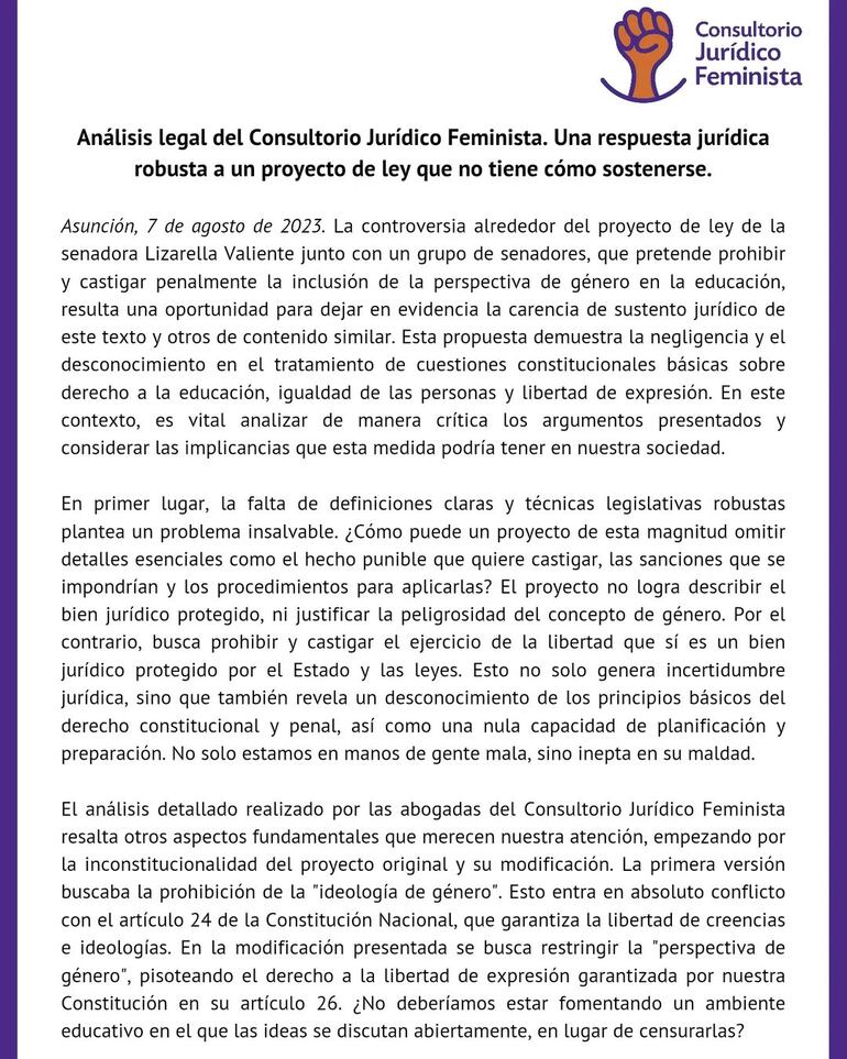 El Consultorio Jurídico Feminista (CJF) sentó postura respecto al proyecto de ley de prohibir y sancionar la “ideología de género” en las instituciones educativas