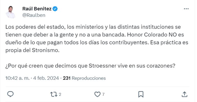 Tweet de Raúl Benítez sobre posición de Honor Colorado en caso de denuncia contra diputado cartista por violencia hacia la mujer.