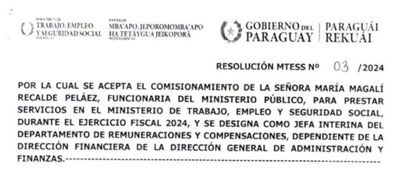 Resolución por la cual se acepta el comisionamiento de María Magalí Recalde Peláez y se la designa jefa interina del Departamento de Remuneraciones y Compensaciones del MTESS.