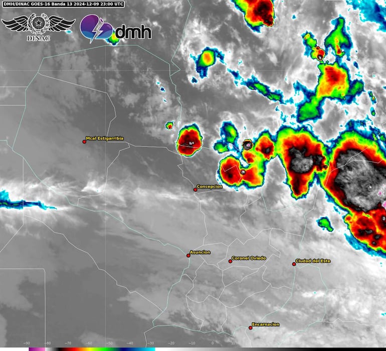 Mapa satelital de afectación de los núcleos de tormentas.