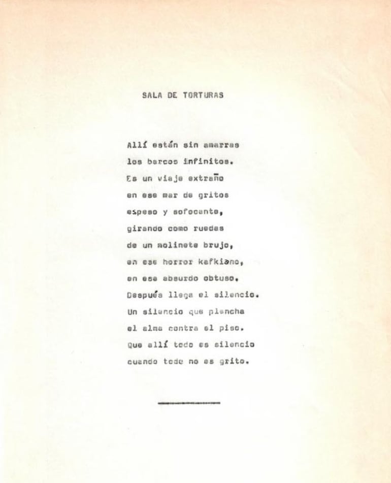 Carmen Soler: "Sala de torturas". Publicado por primera vez en el poemario En la Tempestad (Buenos Aires, Cartago, 1986) con la dedicatoria: "A Esther Ballestrino, detenida-desaparecida".