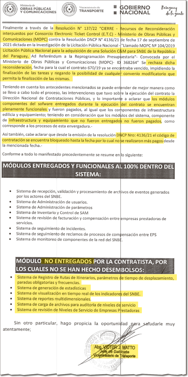 Facsímil del informe del Viceministerio de Transporte en el cual se reconoce que componentes sensibles para el control operativo a los empresarios de transporte no se ejecutan.