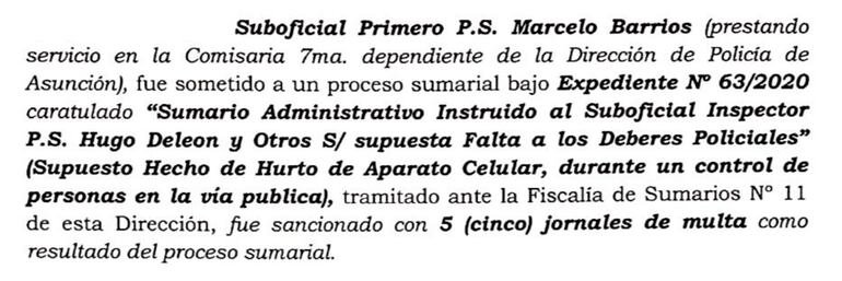 Antecedente del suboficial Marcelo Barrios, en la Dirección de Asuntos Internos de la Policía.