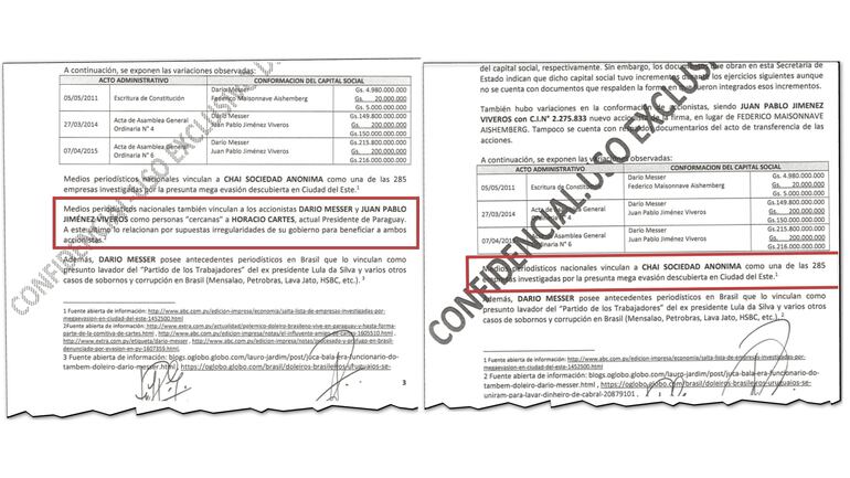 En el informe original se observa la mención al expresidente Cartes. En el otro documento que llegó a fiscalía, no figura.