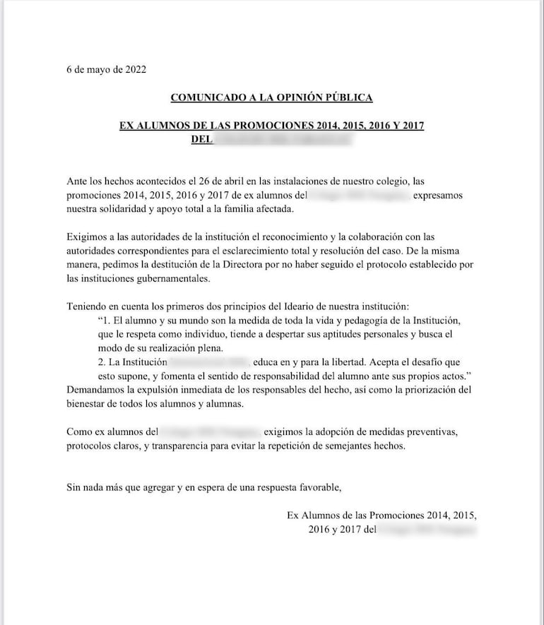 El comunicado de los ex alumnos del colegio de Lambaré.