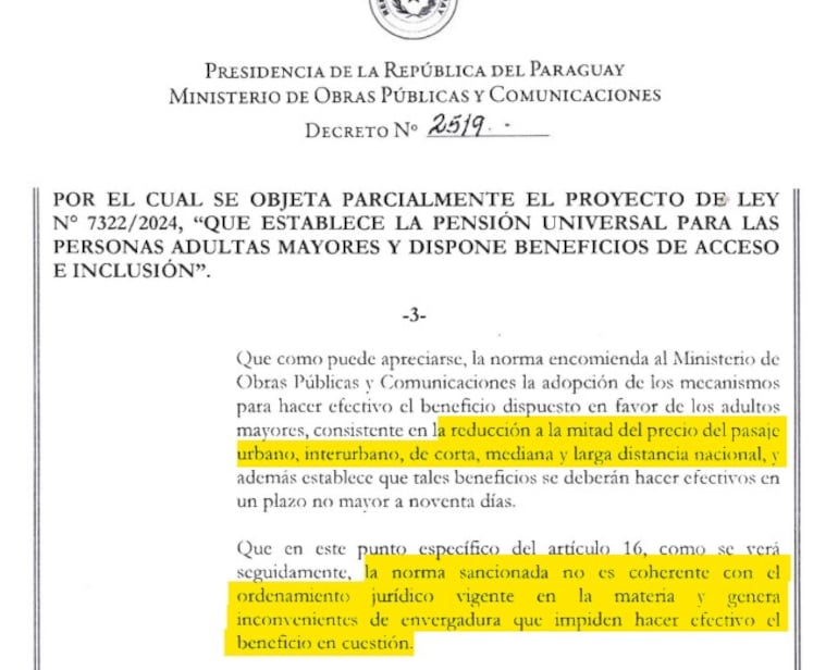 Parte de la argumentación del Ejecutivo para vetar en beneficio  de medio pasaje para adultos mayores.